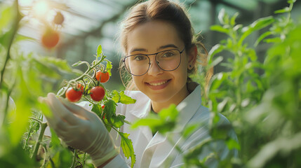 Young woman agronomist taking care about tomato plant in greenhouse. Plant protection industry. Generative AI - 753866543