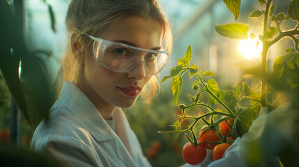Young woman agronomist taking care about tomato plant in greenhouse. Plant protection industry. Generative AI - 753866548