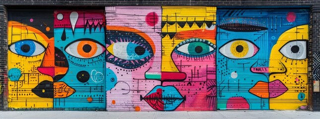 Colorful graffiti mural on urban wall, featuring abstract eyes and faces with eclectic designs.
