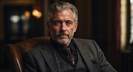Obraz premium Man in his fifties with a short beard, slightly gray hair, sitting in a leather chair, old house background
