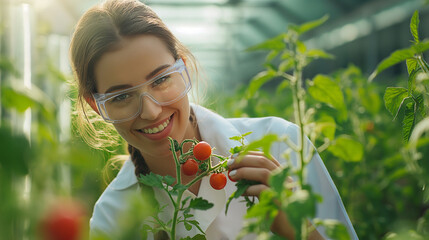 Young woman agronomist taking care about tomato plant in greenhouse. Plant protection industry. Generative AI - 753866570