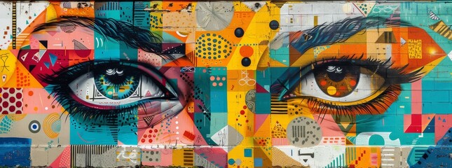 Intricate street mural featuring oversized, detailed eyes with a colorful, abstract urban backdrop.