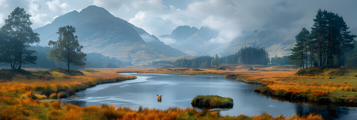Panoramic landscape of fabulous mountains, mountain peaks amazing view,
Scottish Highland Cattle in Scotland