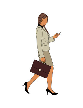 Business woman walking side view. Pretty lady boss in formal office outfit, suit with skirt, holding phone and briefcase. Texting, chatting, communicating. Vector illustration, transparent background.