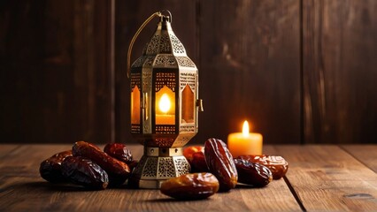 Traditional Islamic calligraphy, Ramadan, Arabic style, lantern, moon, dates, food, syrup, desert, sunset, Eid al-Fitr card, Arabic dress, gift box, sweet.,the gentle call of Adhan sharing joyous hugs - obrazy, fototapety, plakaty