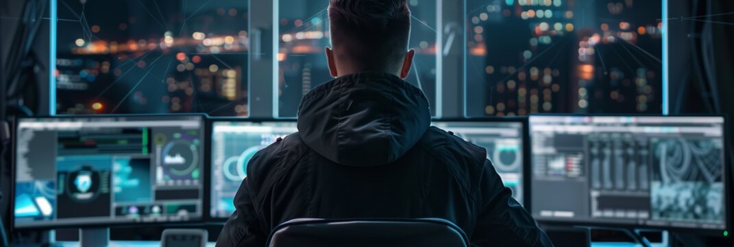 a cybersecurity business expert, examining a code on a digital display, with copy space