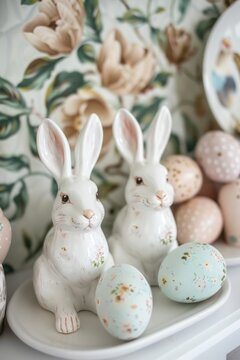 Two ceramic bunnies, a white plate, painted Easter eggs.