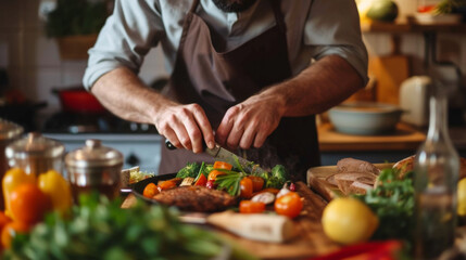 Close-up of male hands preparing lunch or dinner in the kitchen. Young man preparing delicious food at home. Cooking concept, lifestyle.