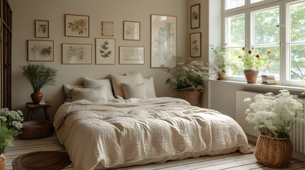 Flowers on a wooden stool and pouffe in white bedroom interior with posters above the bed.  - obrazy, fototapety, plakaty