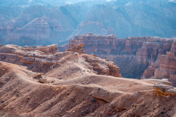 Charyn canyon in Almaty, Kazakhstan. Beautiful view of the canyon from above