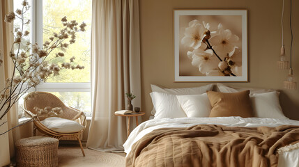 Flowers on a wooden stool and pouffe in white bedroom interior with posters above the bed. 