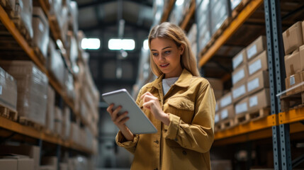 A young woman with a tablet stands near the factory floors. Concept of industry, workers.