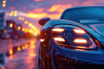 Closeup on a generic and unbranded black car at sunset in a city