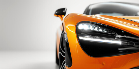 Closeup on the headlight of a generic and unbranded orange sport car on a white background