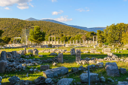 The ancient ruins of the Temple of Asclepius at Epidaurus the sacred city, sanctuary and healing center of Epidaurus on the Saronic Gulf of Greece.	