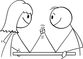 Arm Wrestling Between Man and Woman, Vector Cartoon Stick Figure Illustration - 753870721