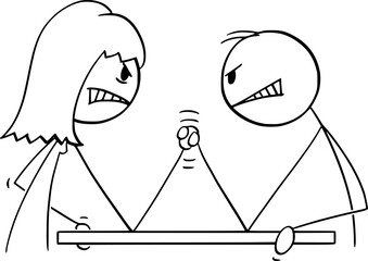 Arm Wrestling Between Man and Woman, Vector Cartoon Stick Figure Illustration - 753870918