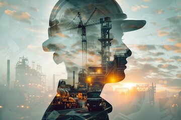 A powerful double exposure portrait of a worker wearing a safety helmet, with ghostly images of a bustling factory, a towering crane, and a heavy-duty truck seamlessly integrated into his silhouette.