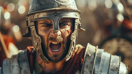 Fotobehang Closeup of Roman army soldier yelling to attack on the battlefield.  © Jammy Jean