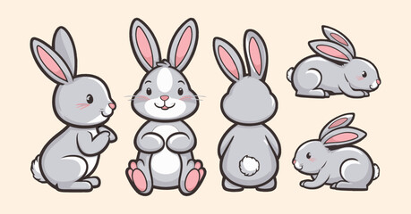 Obraz na płótnie Canvas Cute Baby Bunny Vector Set, Featuring Bunnies from Various Angles and Postures, including Side, Back, Close-Up, Sitting, and Standing. Generative AI