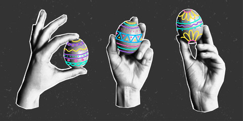 Halftone collage banner, set of elements cut from a magazine on a dark textured background. Hands hold multi-colored neon painted Easter eggs. Line doodle, hand gesture.