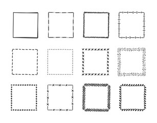 Hand drawn square frames for text set. Blank text boxes in doodle style.
