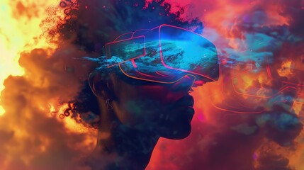 A person experiencing virtual reality among vibrant clouds