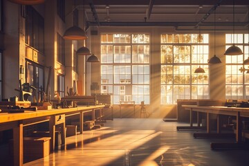 A serene, early morning scene of a quiet, empty workshop with tools neatly arranged and workstations immaculately maintained, the dignity of labor and the significance of International Labour Day.