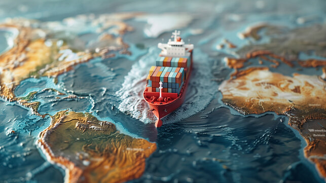 Container Ship Model in Middle of Atlantic Ocean, World Map Style, Transatlantic Transportation and Freight Shipping or Logistics Concept Image with Copy Space