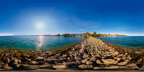 Deurstickers seamless 360 degree spherical panorama of breakwater cape on Issyk-Kul lake at sunny autumn day. © lucky pics