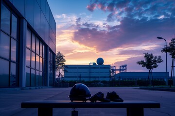 A serene, early morning scene outside a modern factory, the building silhouetted against a sky...