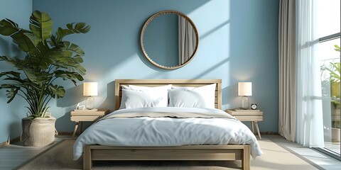 Minimalistbedroominsoftblueandbeigewithasoothingambiance. Concept Minimalist Bedroom, Soft Blue Decor, Beige Accents, Soothing Ambiance