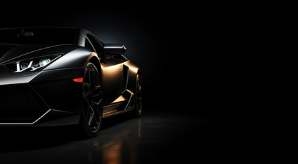 A generic and unbranded black sport car on a black background - obrazy, fototapety, plakaty