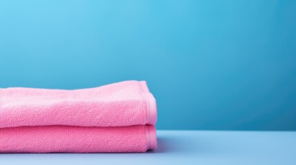 Fototapeta na wymiar Pink cotton towel on a blue background. Bathroom decor and accessories.
