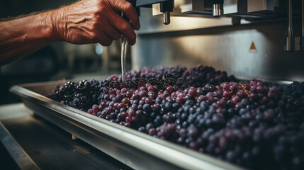  Hand sorting freshly harvested grapes on a conveyor for quality winemaking.