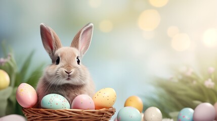 Fototapeta na wymiar Easter banner with a rabbit in a basket with eggs