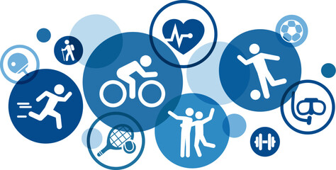 Sports vector illustration. Blue concept with no people & icons related to exercising, training & fitness, heart health, healthy & sportive active lifestyle & wellbeing, activity & workout.