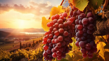 Golden sunlight illuminating grapevines in a lush vineyard landscape.