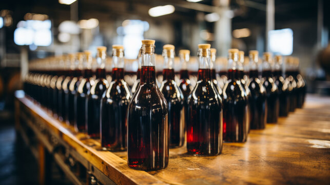 Rows of dark glass wine bottles lined up in a rustic winery.