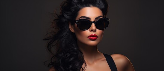 Fototapeta premium A woman with long black hair is wearing sunglasses. She is standing upright, looking straight ahead. The sunglasses are oversized, covering her eyes. Her hair is flowing down her back.