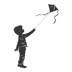 Silhouette little boy playing kite black color only