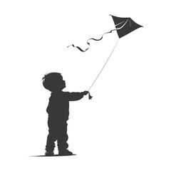 Silhouette little boy playing kite black color only