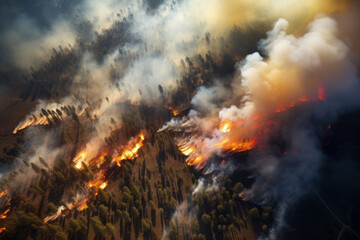 Fototapeta na wymiar AI generative images. Aerial view on the wildland forest fires. Environmental issues concept