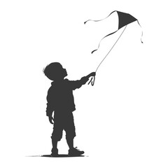 Silhouette little boy playing kite black color only