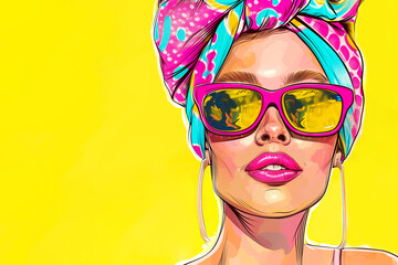AI Generated Image. Collage pop art banner with woman in sunglasses. Summer vacation concept