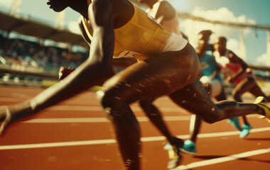 AI Generated Image. Ethnic athletes racing in stadium at the summer international sport event - 753874564