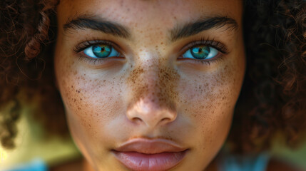 Mixed race woman with freckles portrait closeup. Curly hair and blue eyes.