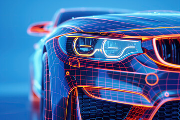 Closeup on headlight of a generic and unbranded wireframe sport car