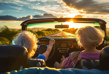 AI Generated Image. Senior LGBT women having fun in convertible car while journeying for summer vacation - 753874792