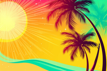 Fototapeta na wymiar AI Generated Image. Summer vacation banner with beach and palms at sunset. Summer vacation concept